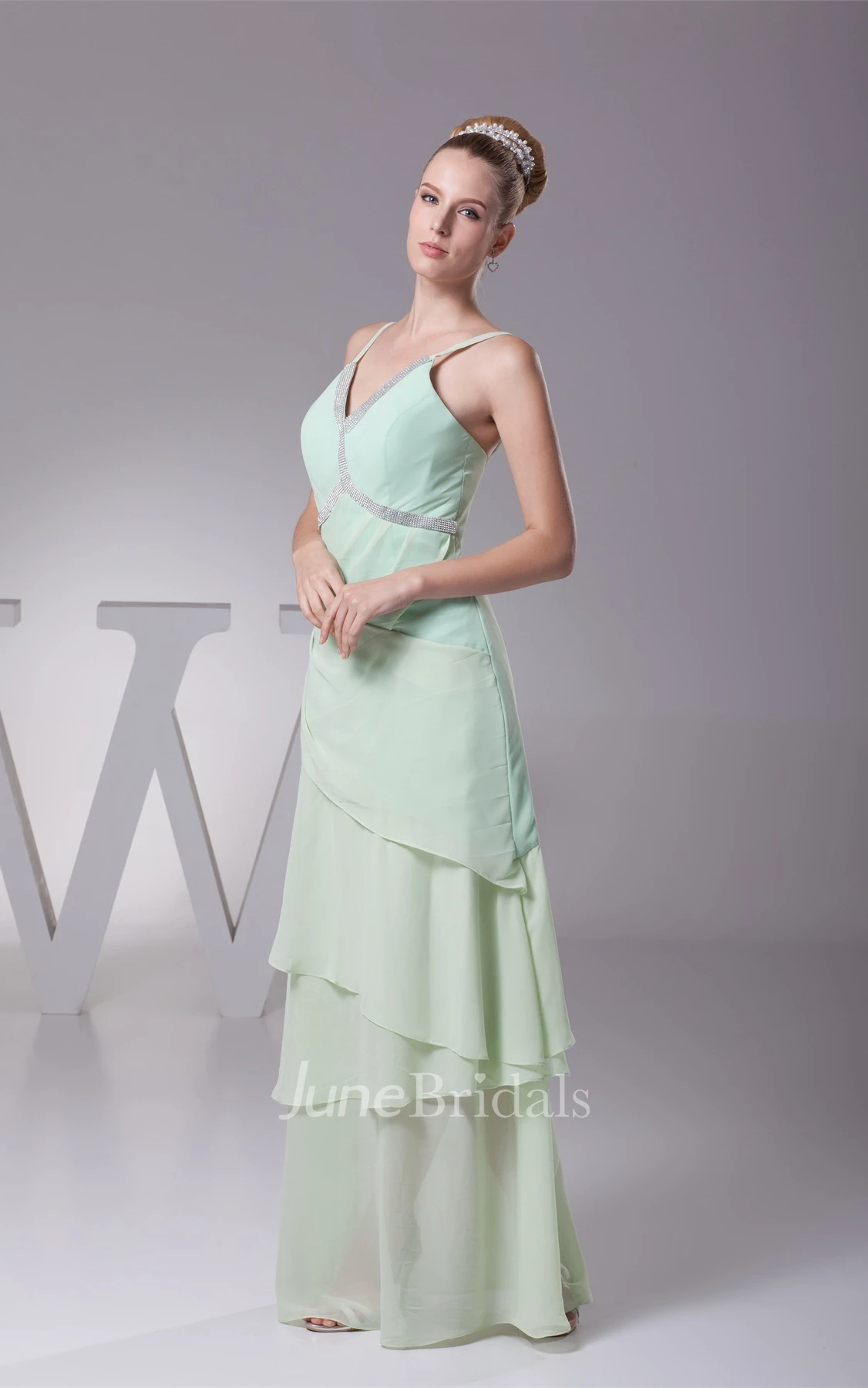Spaghetti-Strap Plunged Chiffon Long Dress with Beading and Layers
