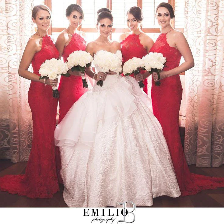 Sexy Halter Sleeveless Mermaid Red Bridesmaid Dress Sweep Train