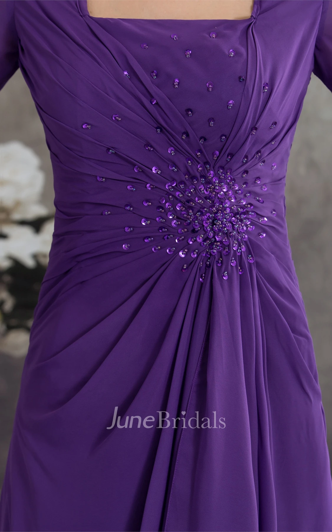 Square-Neck Half-Sleeve Chiffon Maxi Dress with Central Ruching and Beading