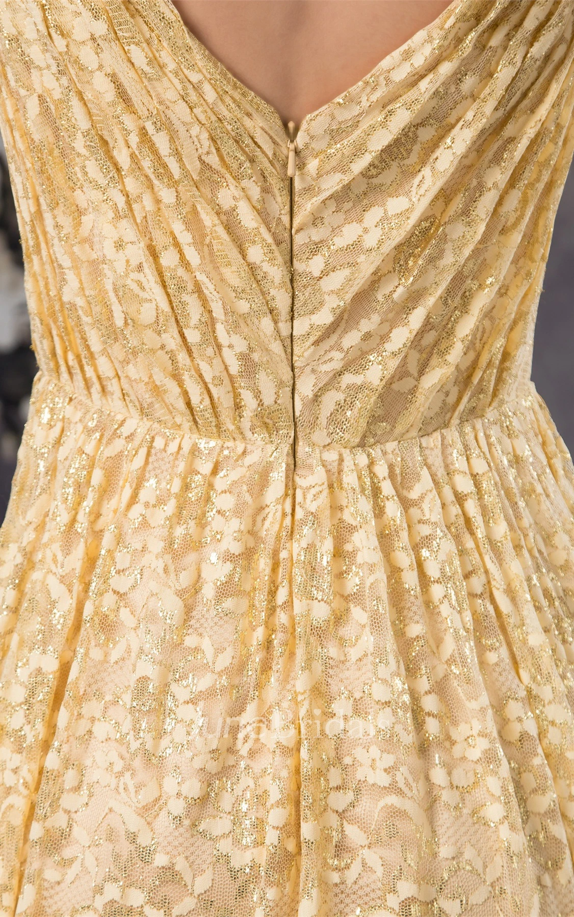 Deep-V-Neck Sleeveless Sheath Dress with Lace and Pleats