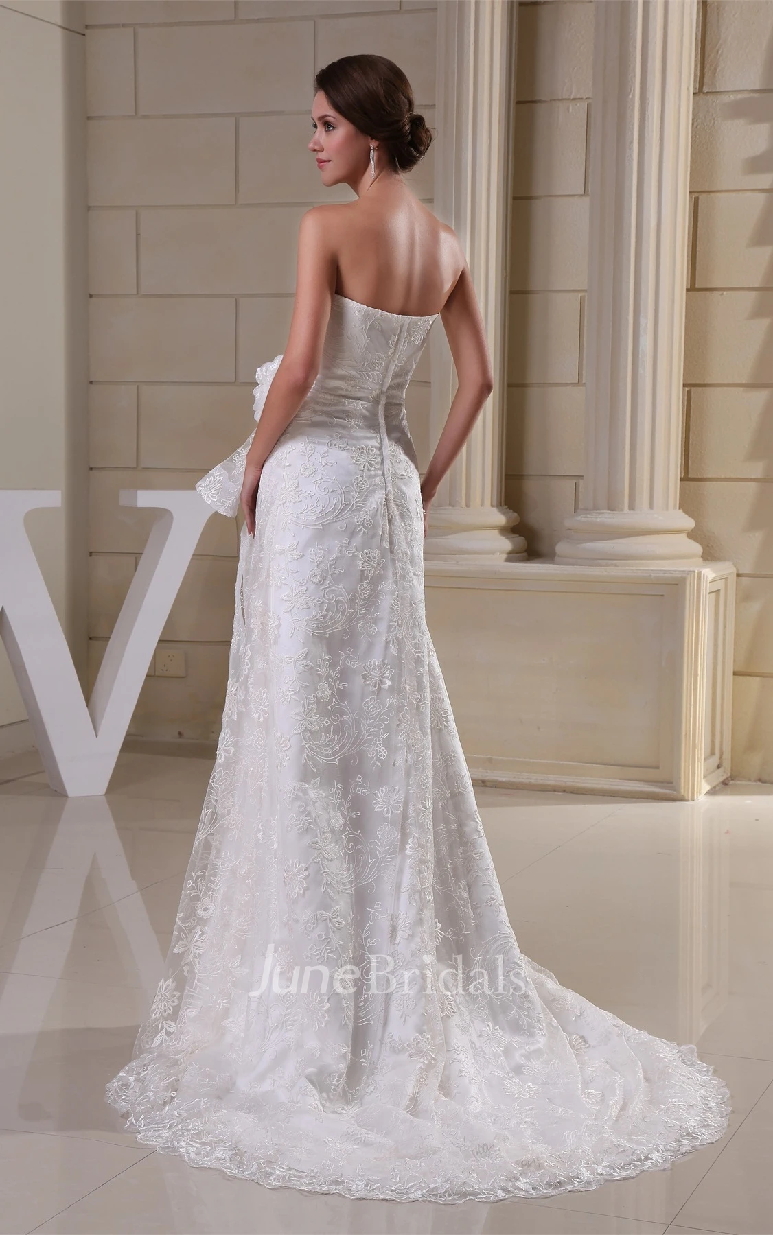 Strapless Lace Sheath Dress with Ruching and Flower