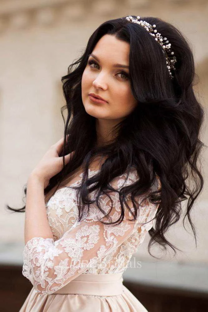 V-Neck Illusion Long Sleeve A-Line Satin Appliqued Plus Size Wedding Dress