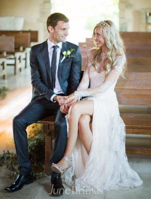 Vintage Bohemian Sheath Sheer Bateau Neck Long Sleeves High Slit Lace Bridal Gown