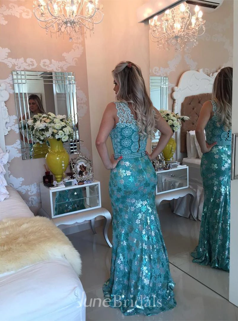 Elegant Sleeveless Lace Pearls Prom Dresses Mermaid Long Party Gown