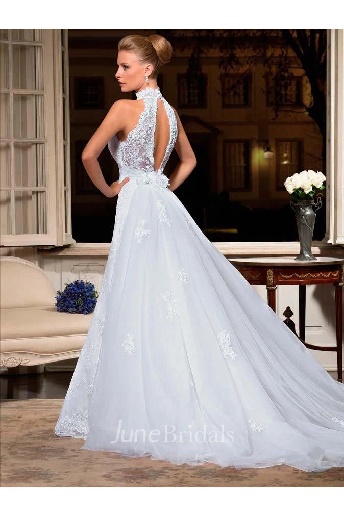 Sexy White Lace Sleeveless High Neck Floor Length Wedding Dresses