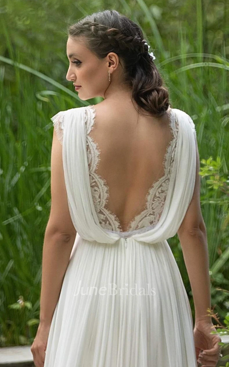 Greek A-Line Plunging Neckline Chiffon Lace Spring Wedding Dress With Open Back And Pleats