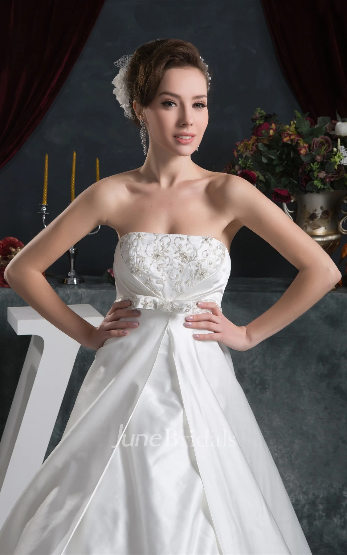 Strapless Satin A-Line Gown with Embroideries and Bow