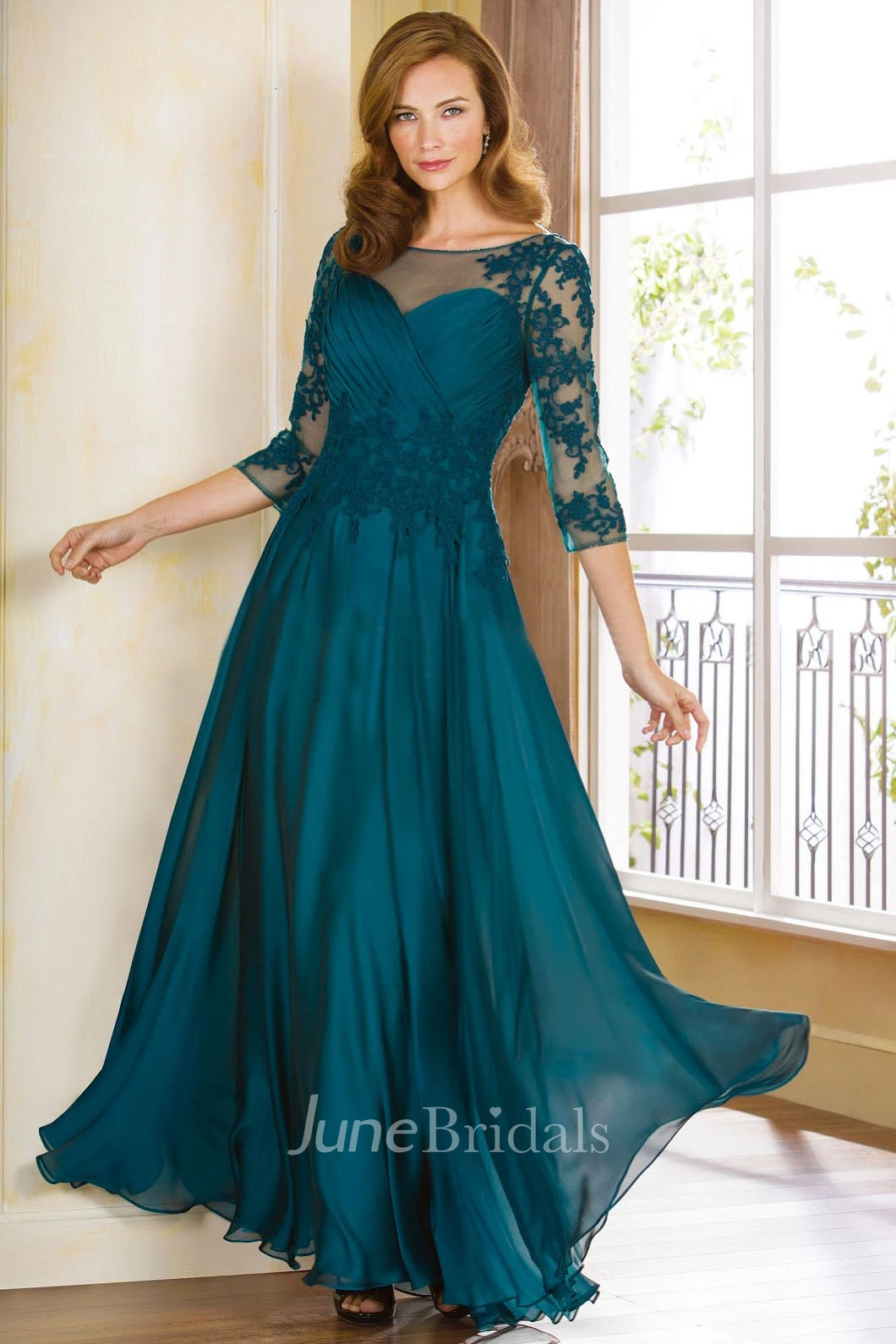 Bateau Illusion 3-4-sleeve Mother of the Bride Dress With Appliques