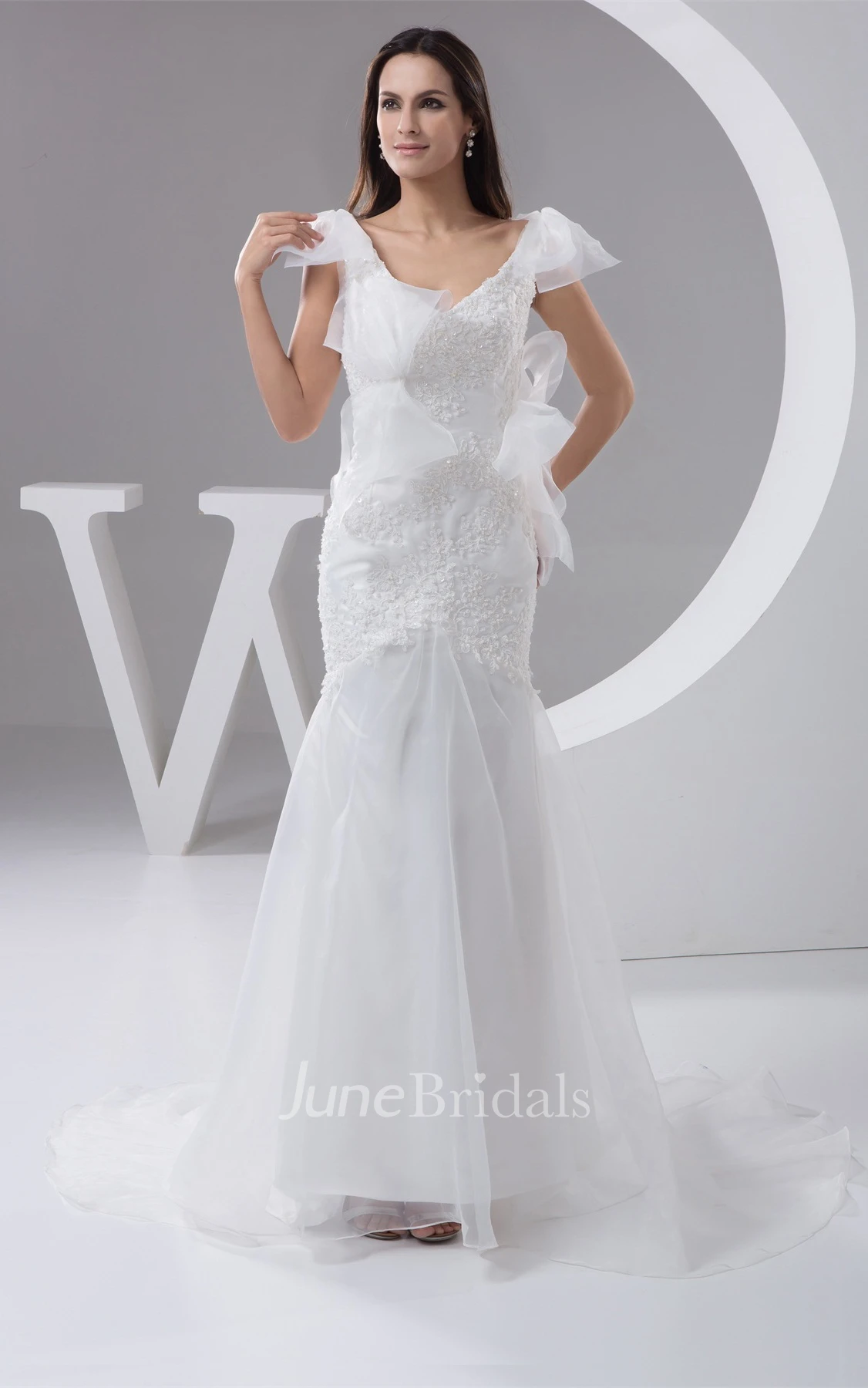 V-Neck Sheath Maxi Dress with Appliques and Brush Train