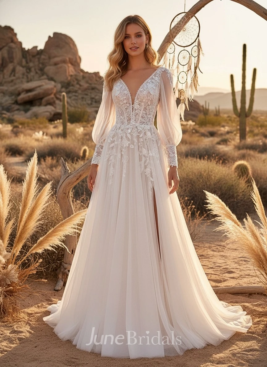 A-line Elegant Tulle Lace Winter Wedding Dress Illusion Long Sleeve Front Split Romantic Rustic Delicate Applique Beach Prom Dress