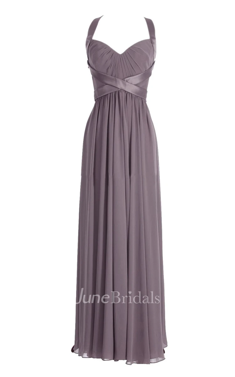 Halter Pleated Chiffon A-line Gown With Deep-v Back