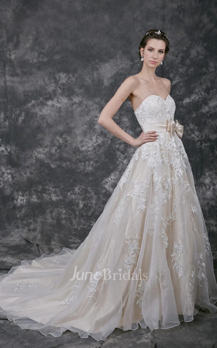 Sleeveless Sweetheart A-line Organza Gown With Lace Court Train