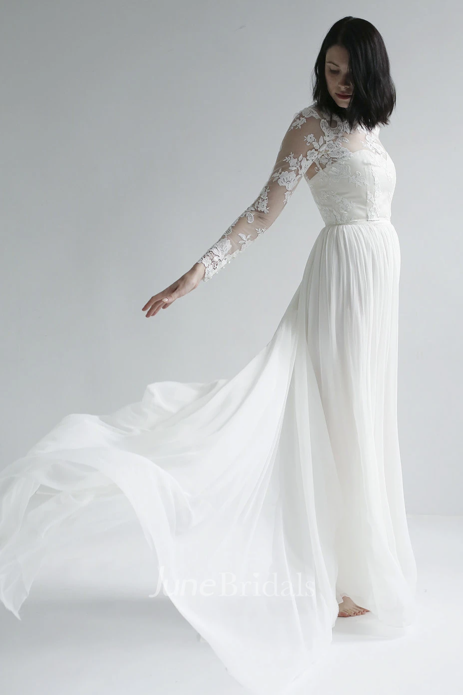 High Neck Long Sleeve Illusion Lace And Chiffon Wedding Gown