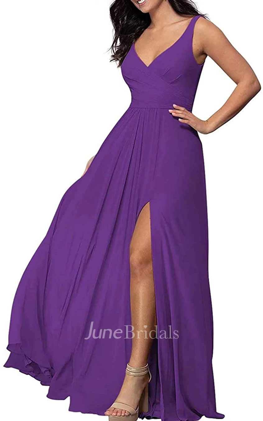 Sexy A Line V-neck Chiffon Sleeveless Bridesmaid Dress