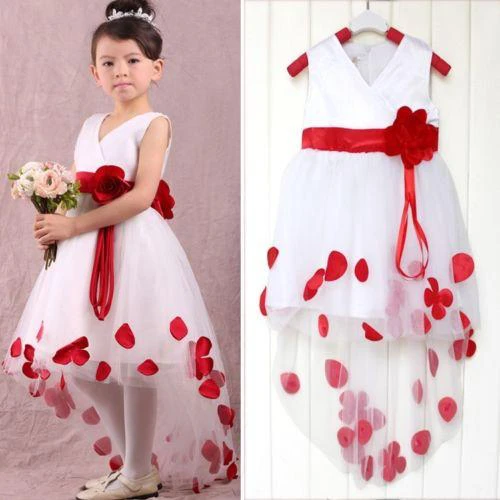 Lovely White and Red Hi-Lo Flower Girl Dress Waistband Flowers