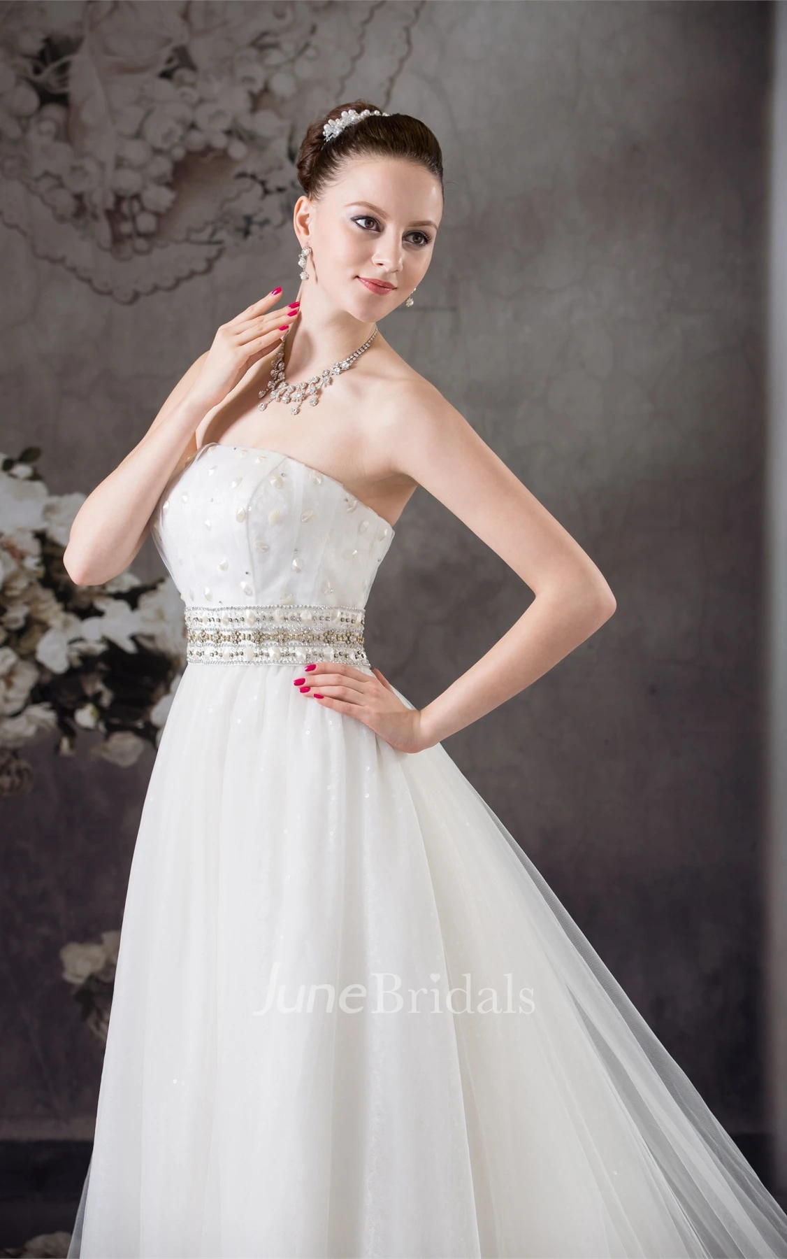 Strapless Tulle Jeweled Gown with Appliques and Corset Back