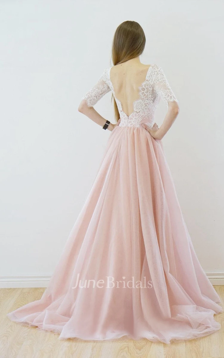 Muti-Color Half Sleeve Tulle Lace Dress With Deep-V Back