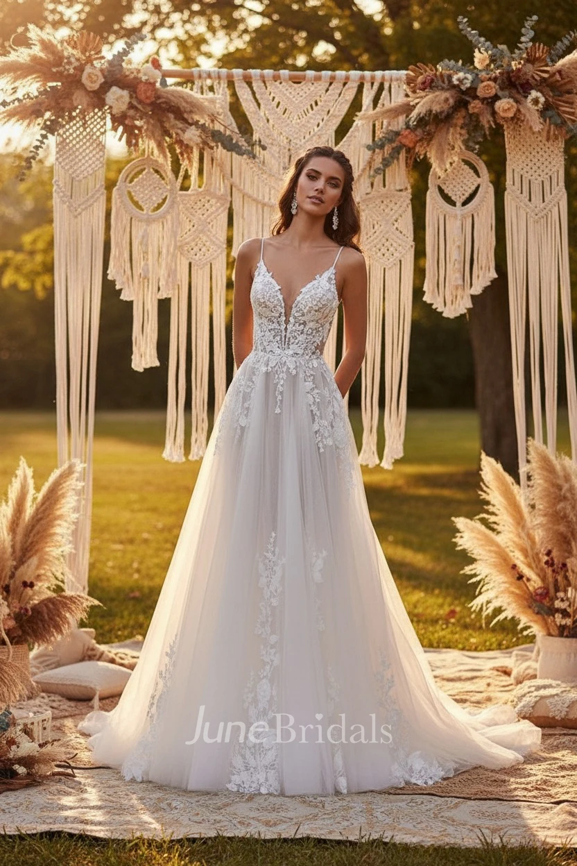 Boho A-Line Lace Spring Sleeveless Wedding Dress Ethereal Spaghetti Tulle Gown for Garden & Outdoor Ceremony