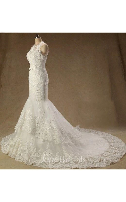 Sleeveless Mermaid Long Lace Wedding Dress With Sash And Jewel Neck