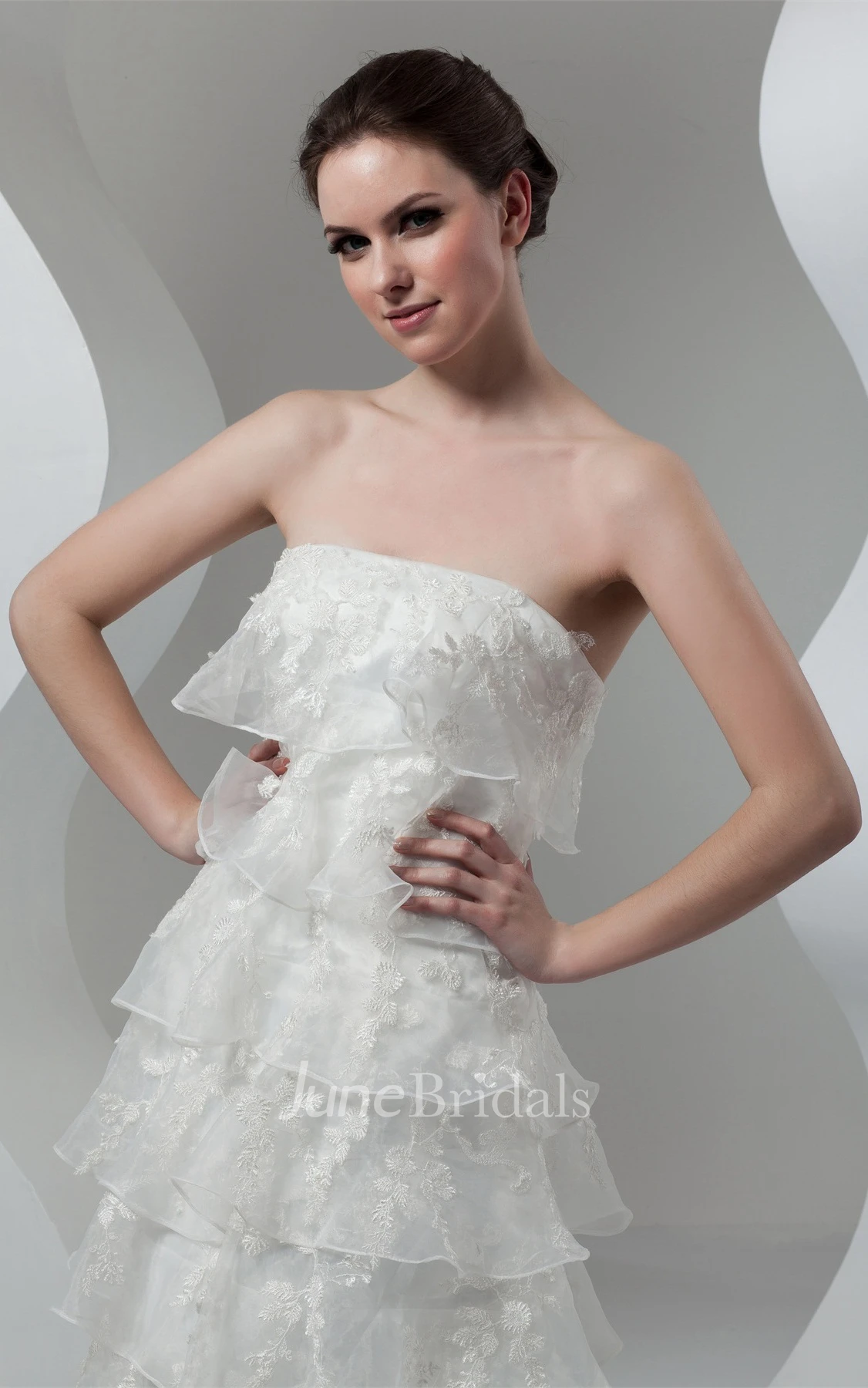 Strapless Tiered A-Line Gown with Appliques