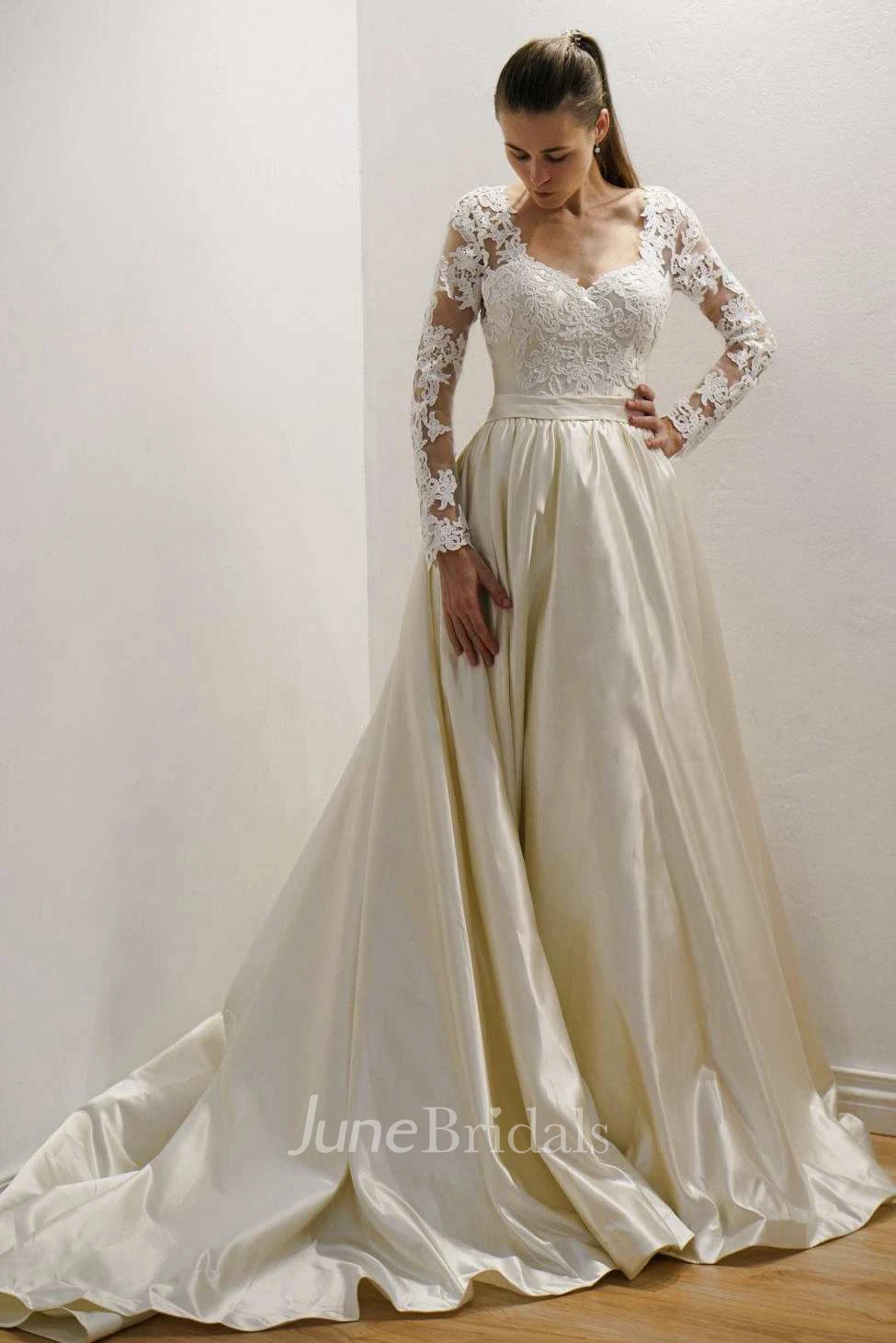 Lace  Appliques A-Line Satin Wedding Dress With Illusion And Court Train
