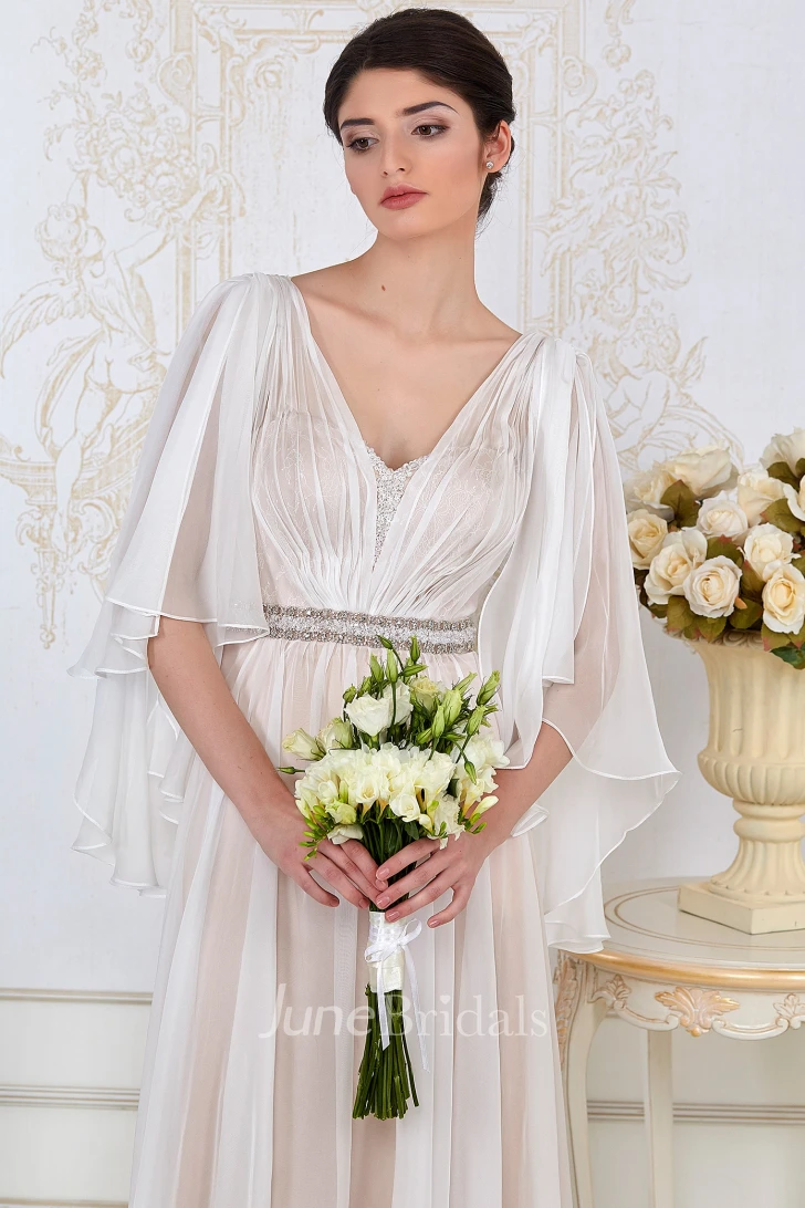A-Line Poet-Sleeve Beaded V-Neck Floor-Length Tulle Evening Dress With Ruching