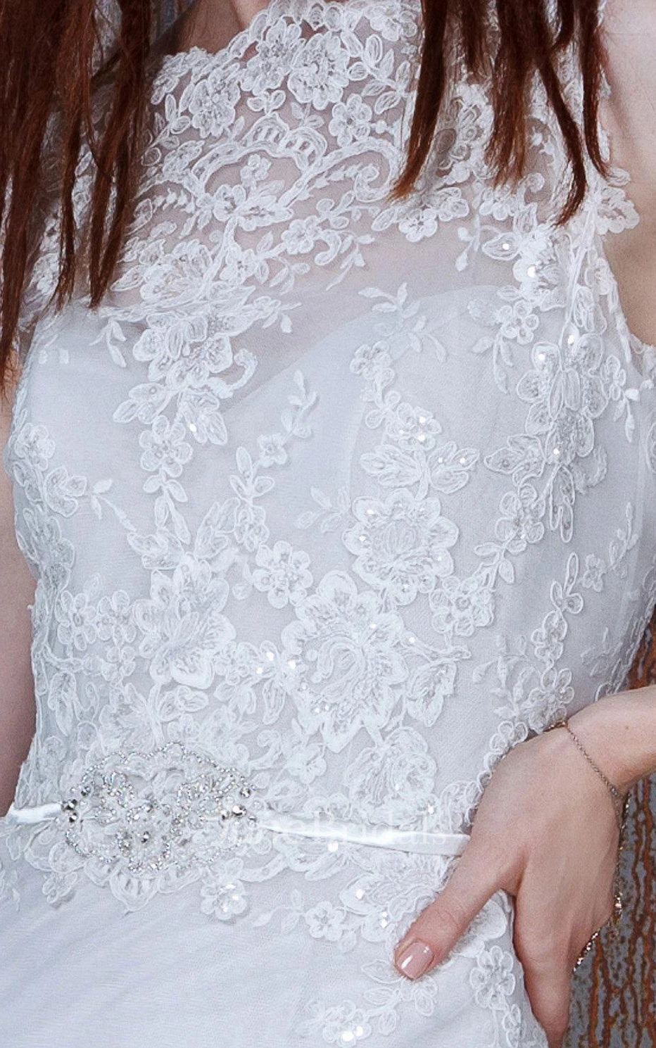 Bateau Sleeveless Sheath Lace Dress With Sweep Train And Illusion Back