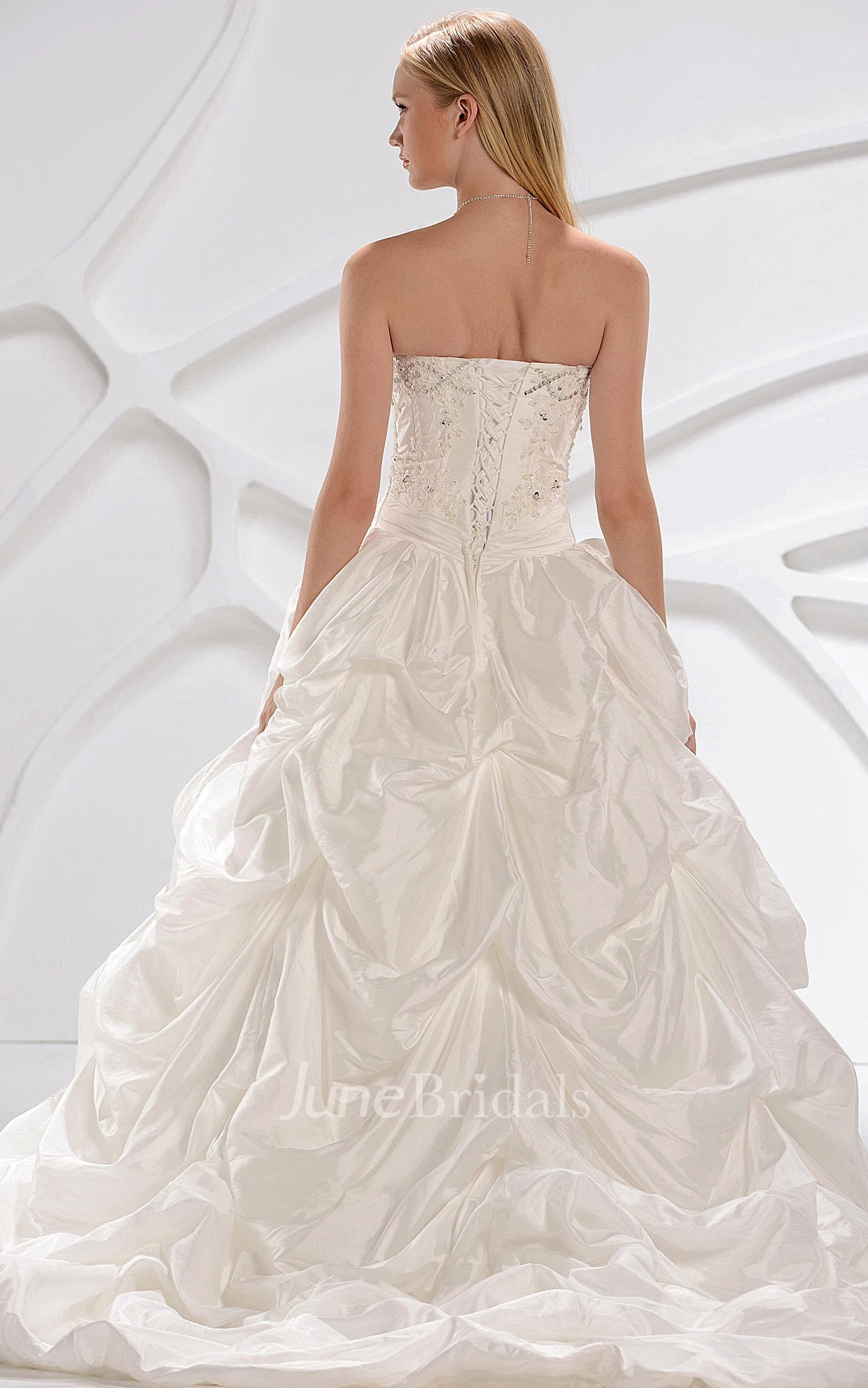 Sweetheart Appliqued Pick-Up Gown With Gemmed Bodice