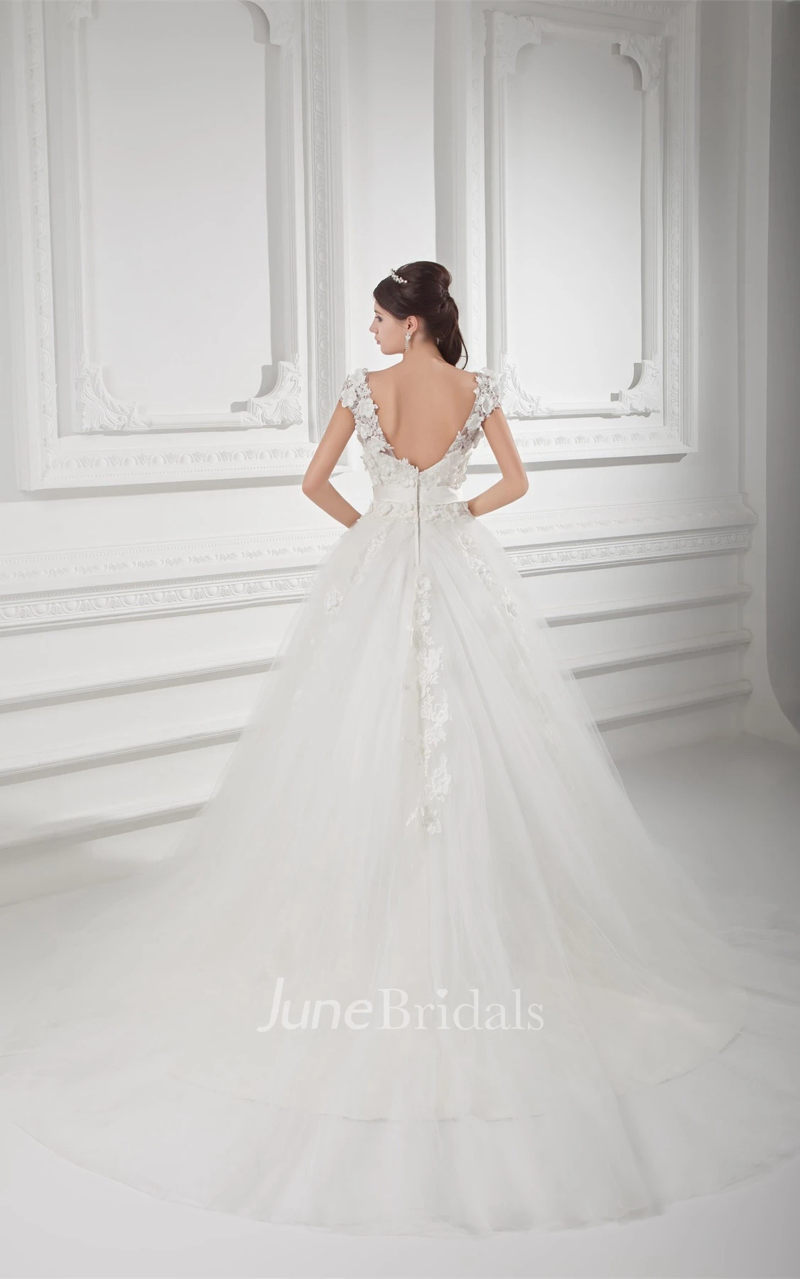 Fairy Caped-Sleeve Lace Ball Gown with Tulle Overlay