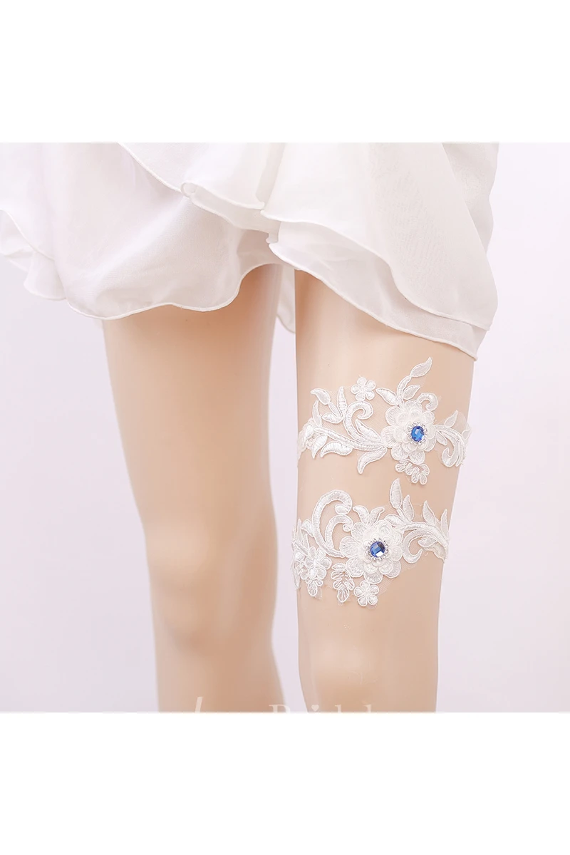 Blue Beaded Lace Applique Elastic Bridal Garter Within 16-23inch