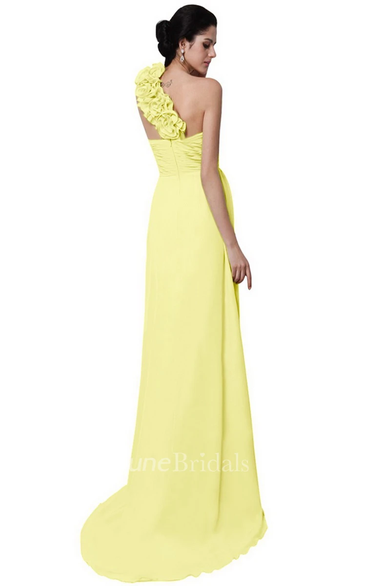 One-shoulder Long Chiffon Dress With Flowers