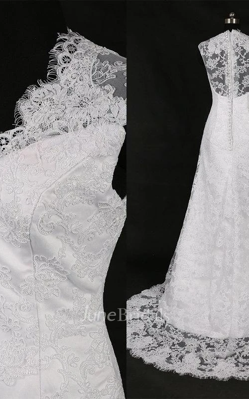 V-Neck Cathedral Train Lace Satin Weddig Dress