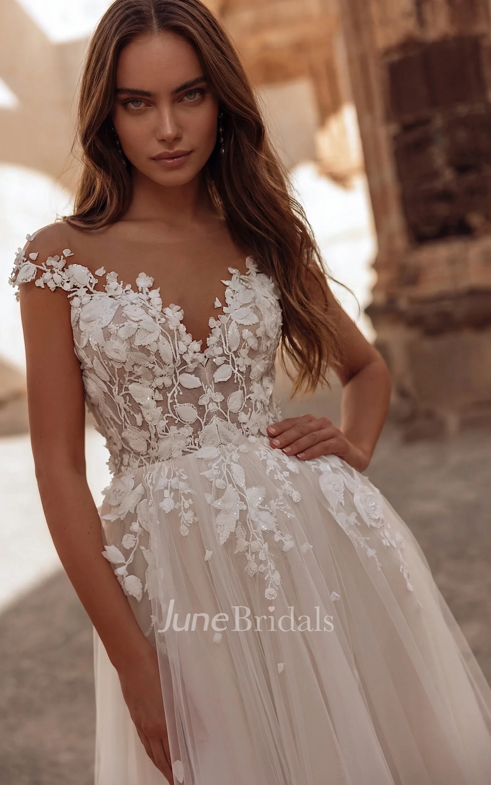 3D Floral Lace A-Line Wedding Dress Cap Sleeve V-Neck Illusion Bodice Tulle Bridal Gown
