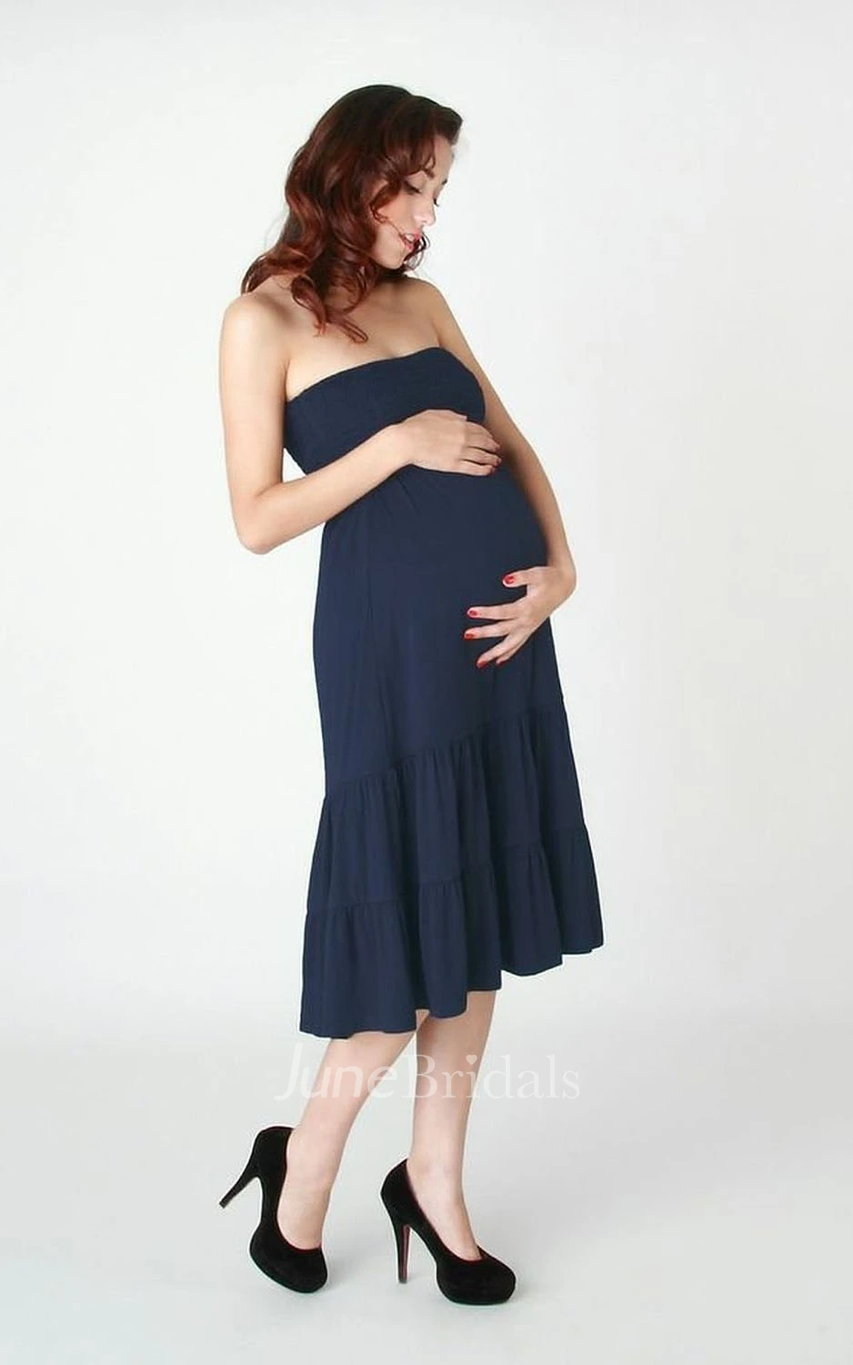 Strapless Midi-length Pleated Ruffled Satin Maternity Dress
