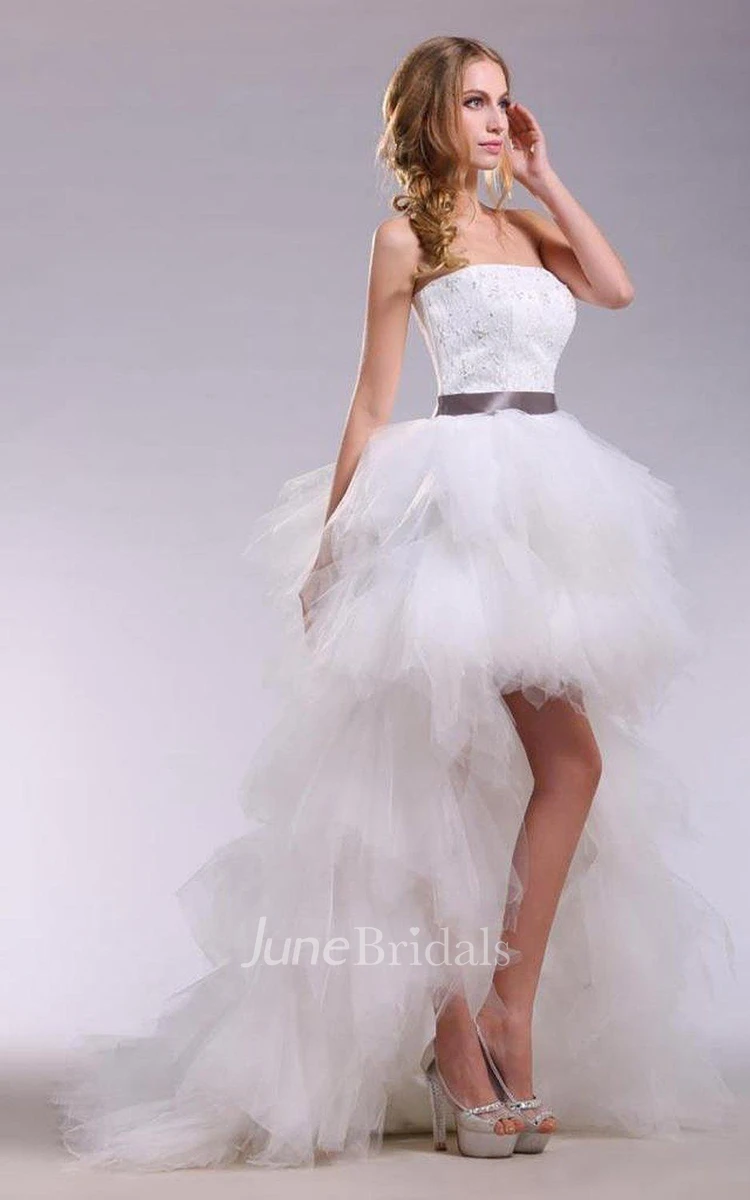 Strapless High-low Tulle Dress With Satin Sash