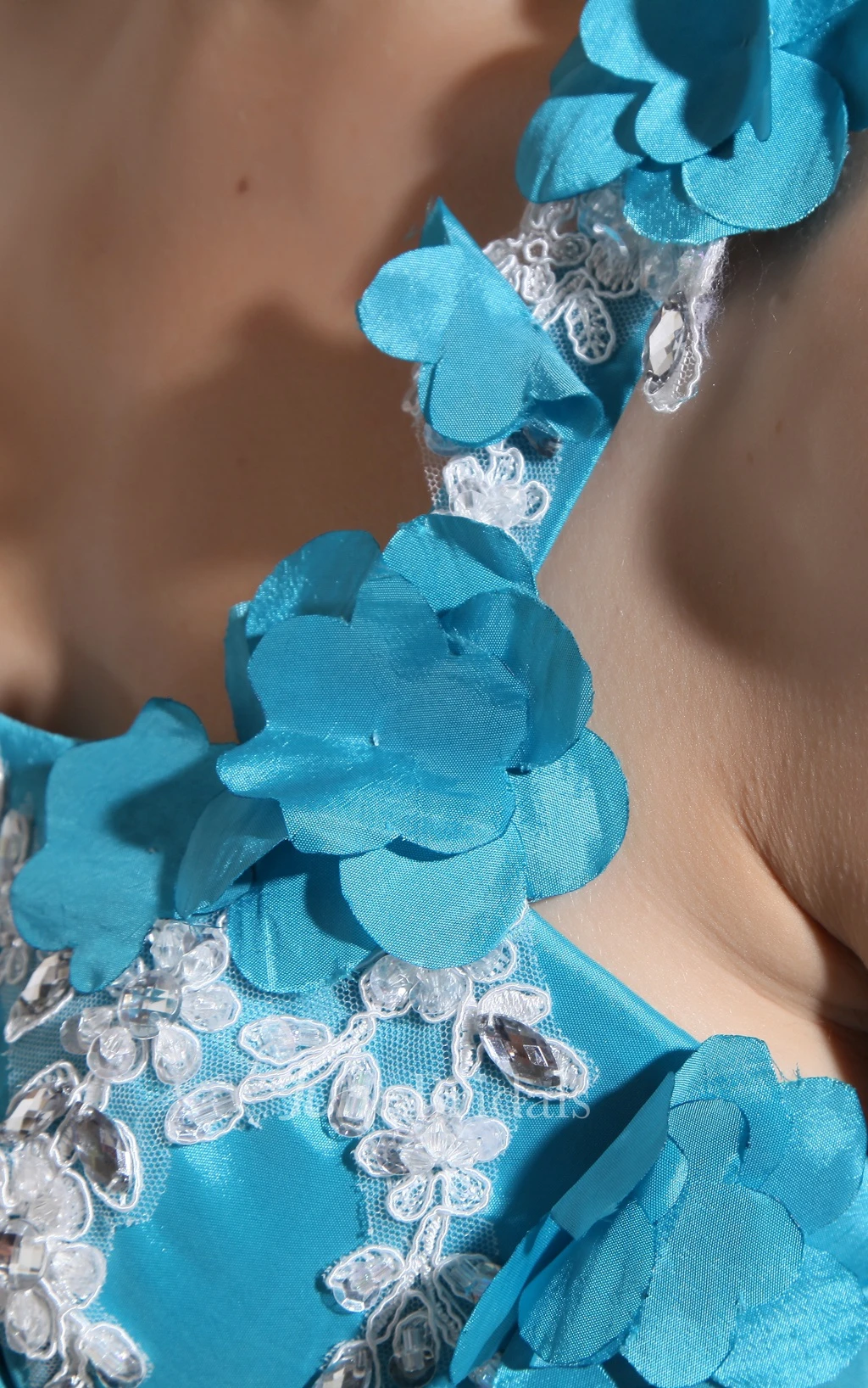 Delicate Satin High-Low Dress With Pick-Up Ruffles and Appliques