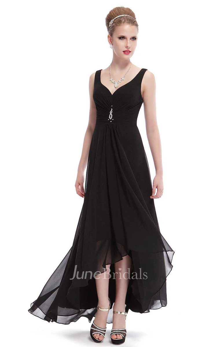 Sleeveless Asymmetrical Chiffon Dress With Illusion Style