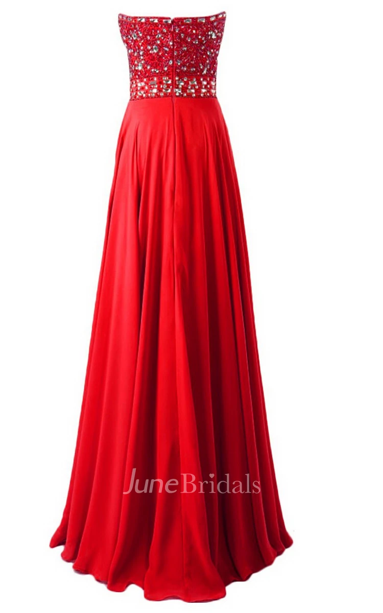 Strapless Long Satin Dress With Beaded Bodice
