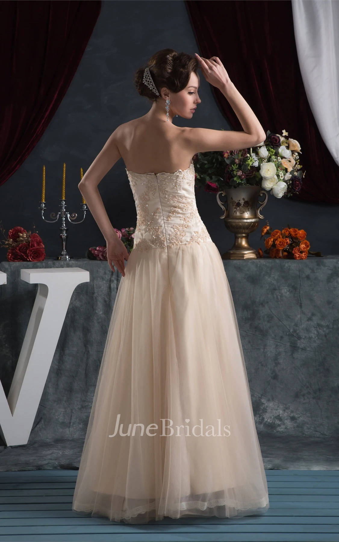 Strapless A-Line Floor-Length Dress with Appliques and Tulle Overlay