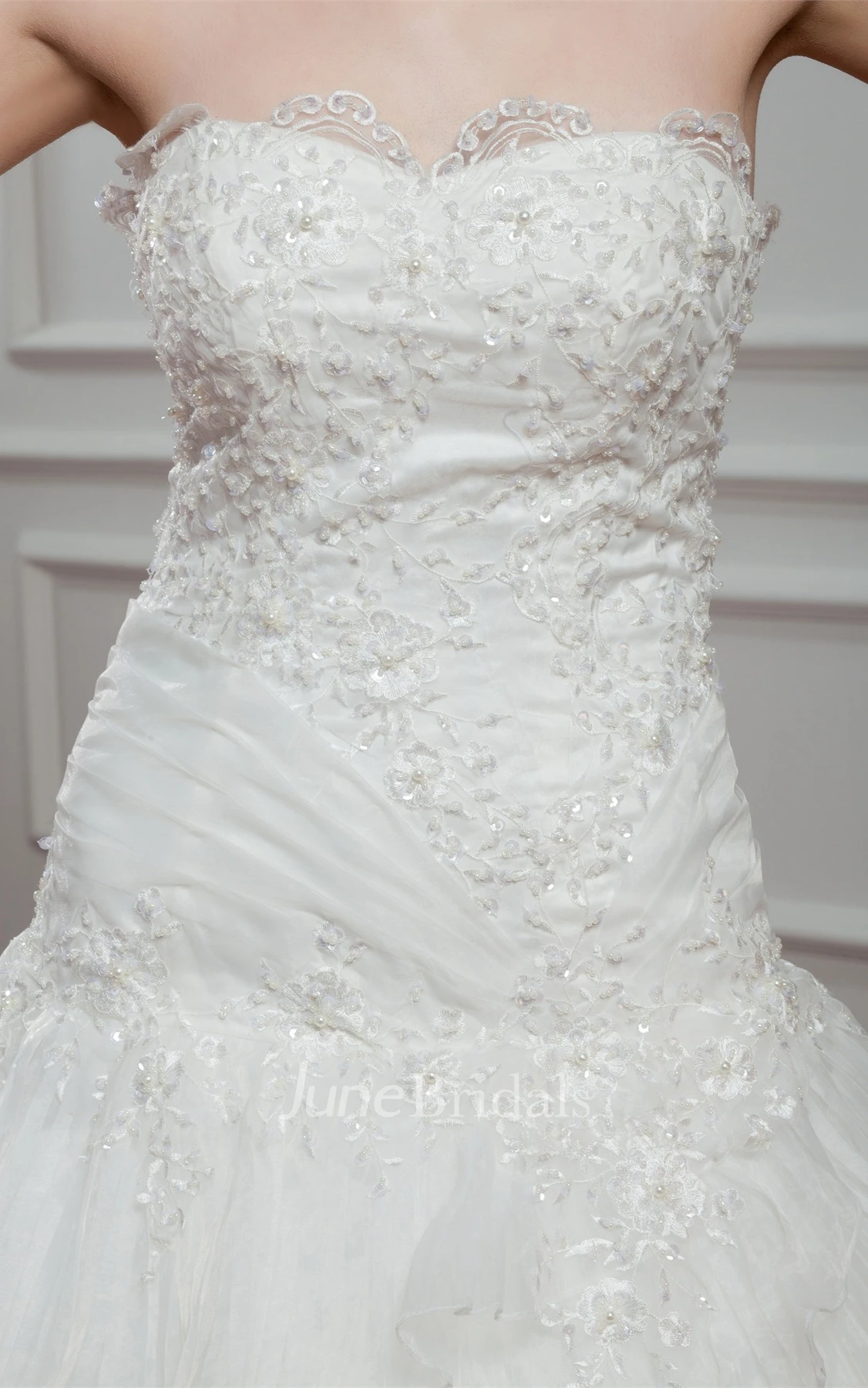 Sweetheart Tiered A-Line Gown with Appliques and Jeweled Top