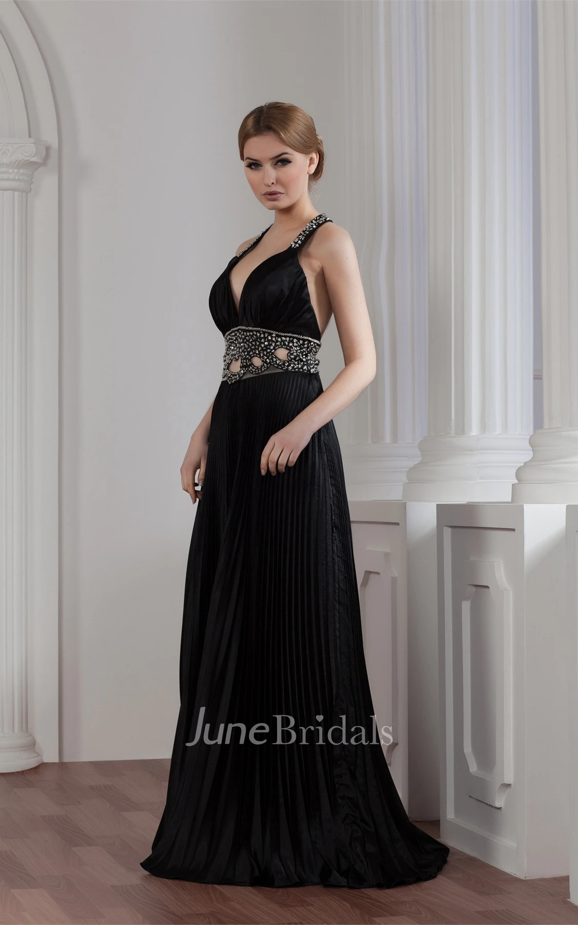 Plunged A-Line Floor-Length Gown with Beading and Keyhole