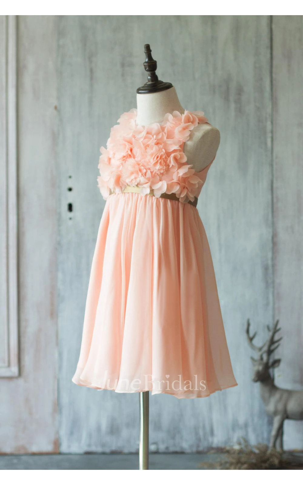 Peach Empire Waist Pleated A-line Chiffon Rosette Dress With Gold Belt