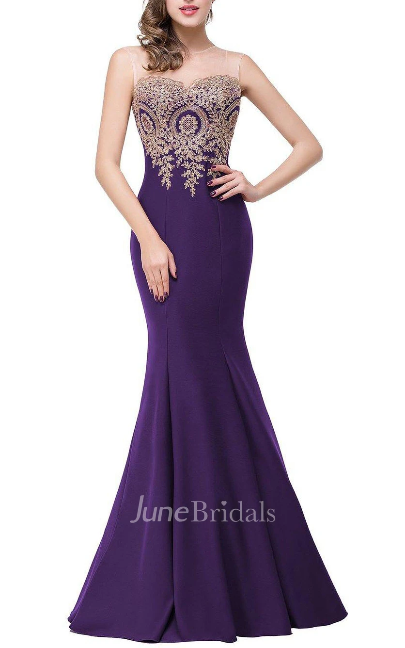 Sleeveless Mermaid Satin Dress with Lace Applique Bodice