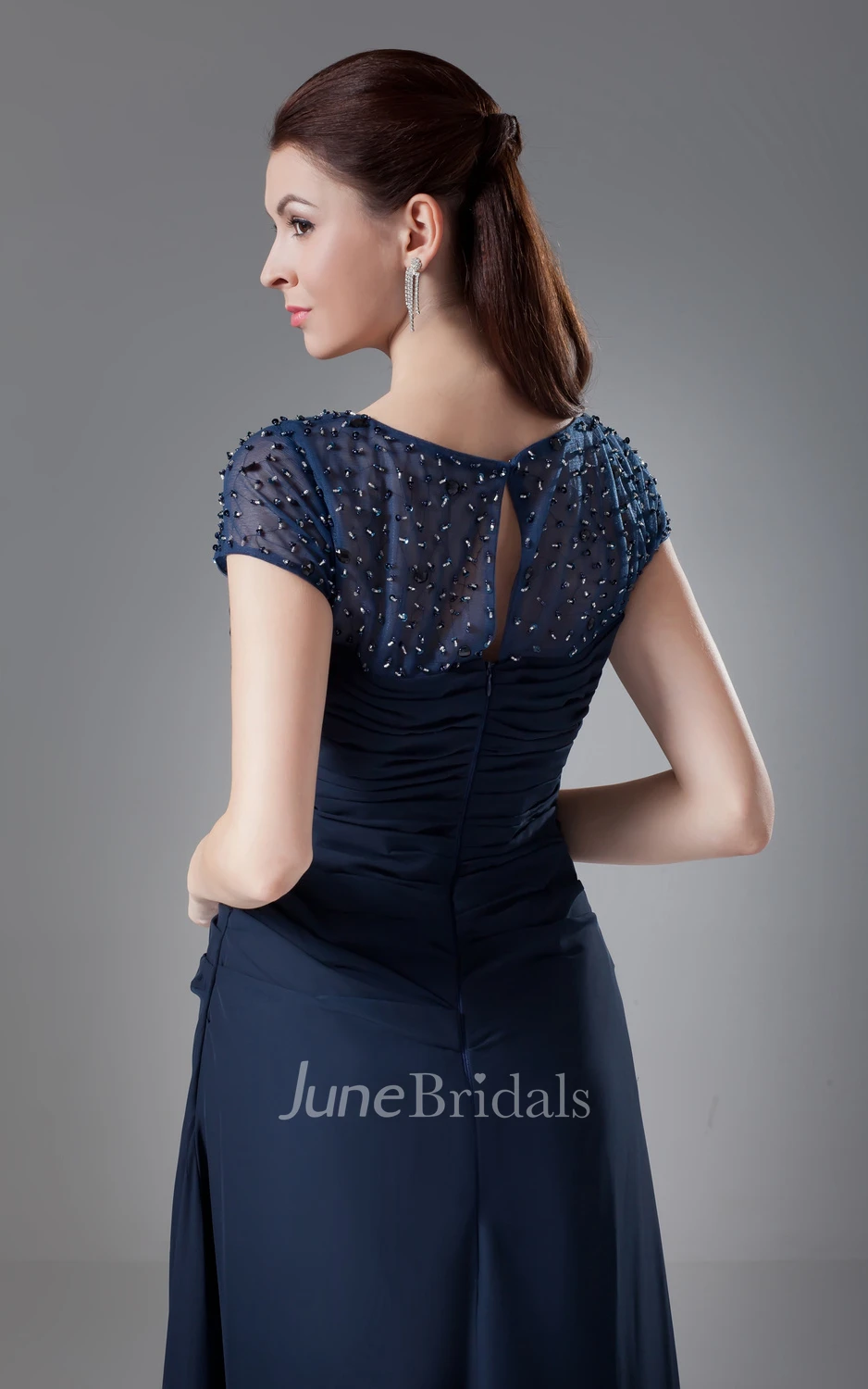 Maxi Bateau-Neck Pleated-Sleeve Dress With Crystal Detailing
