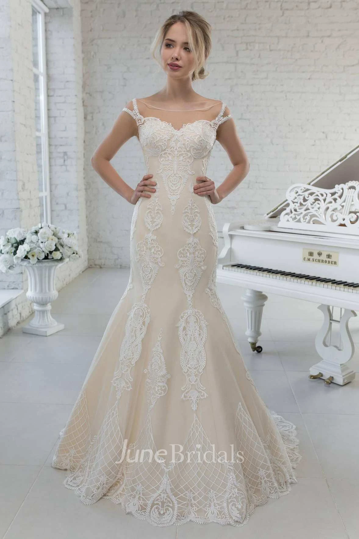Mermaid Scoop-neck Cap-sleeve Lace Appliqued Wedding Dress With Sweep Train
