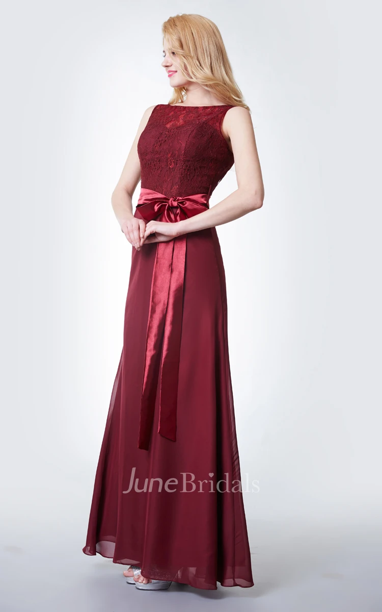 Sleeveless Illusion Bateau Neck Long Chiffon Dress With Lace Bodice