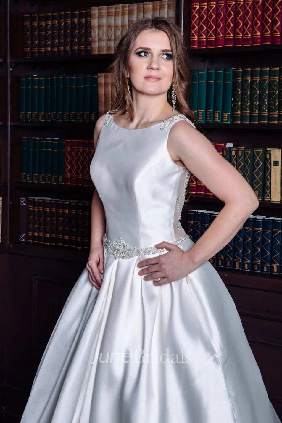 Bateau Sleeveless A-Line Satin Wedding Dress With Beading And Illusion Low-V Back