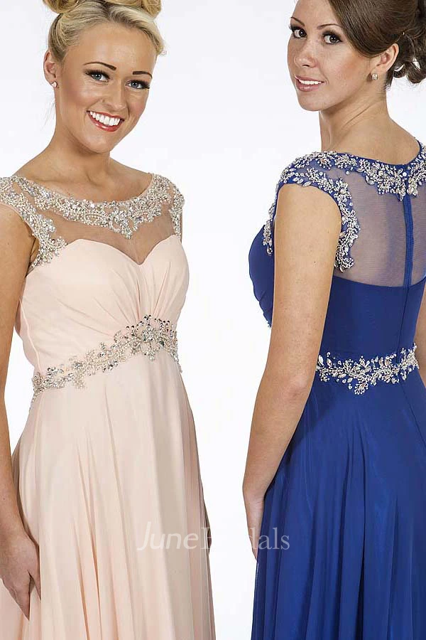 A-Line Empire Scoop Floor-Length Cap-Sleeve Beaded Chiffon Prom Dress With Waist Jewellery And Ruching