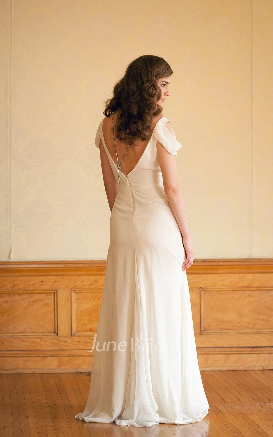 V-Neck Cap Low-V Back Chiffon Wedding Dress With Sash And Crystal Detailing