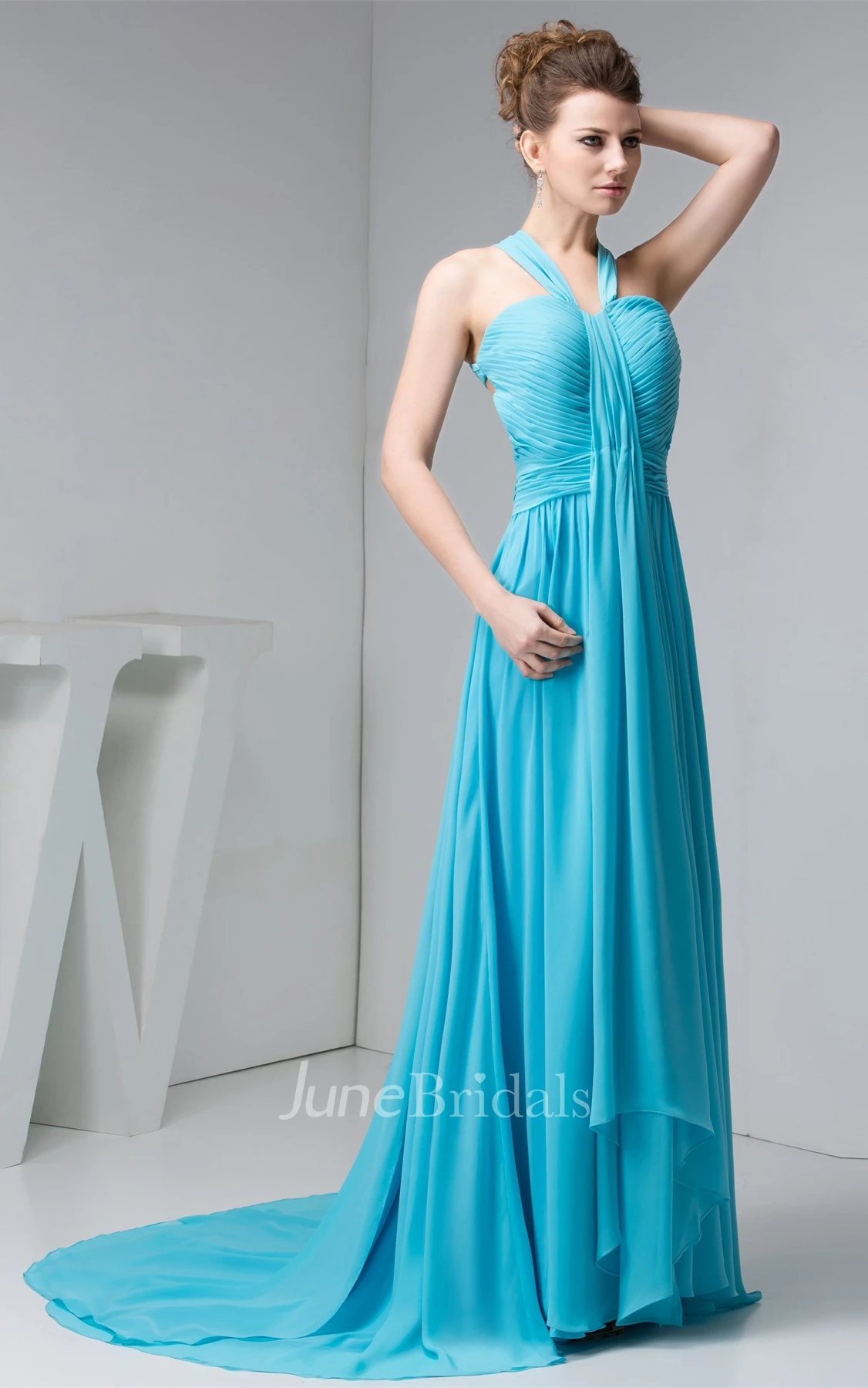 Sleeveless Criss-Cross Chiffon Dress with Pleats and Halter